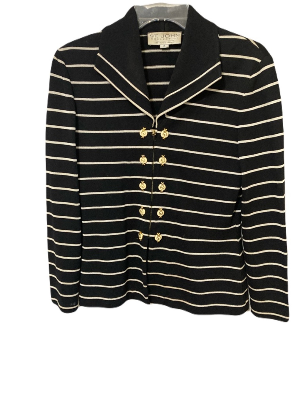 St. John Black and Cream Striped Knit Blazer with Gold Buttons